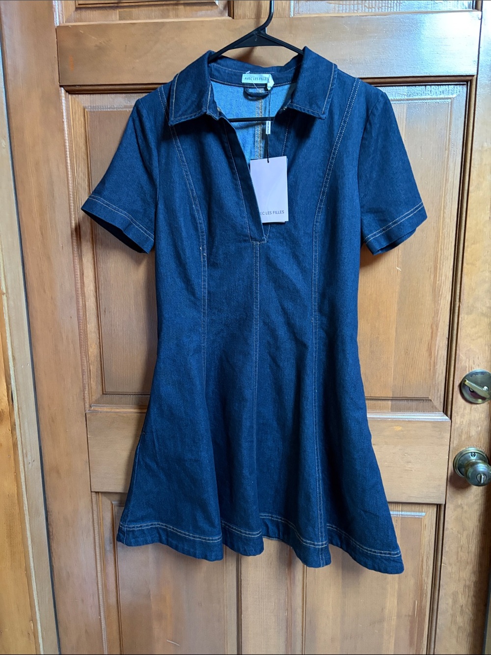 Avec Les Filles Dark Blue Denim Fit & Flare Mini Dress